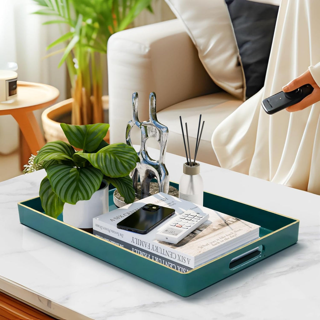 MAONAME Teal Serving Tray with Handles, Modern Decorative Tray for Coffee Table, Plastic Rectangular Trays for Ottoman, Bathroom, Decor, 15.8” x 10.2” x1.4