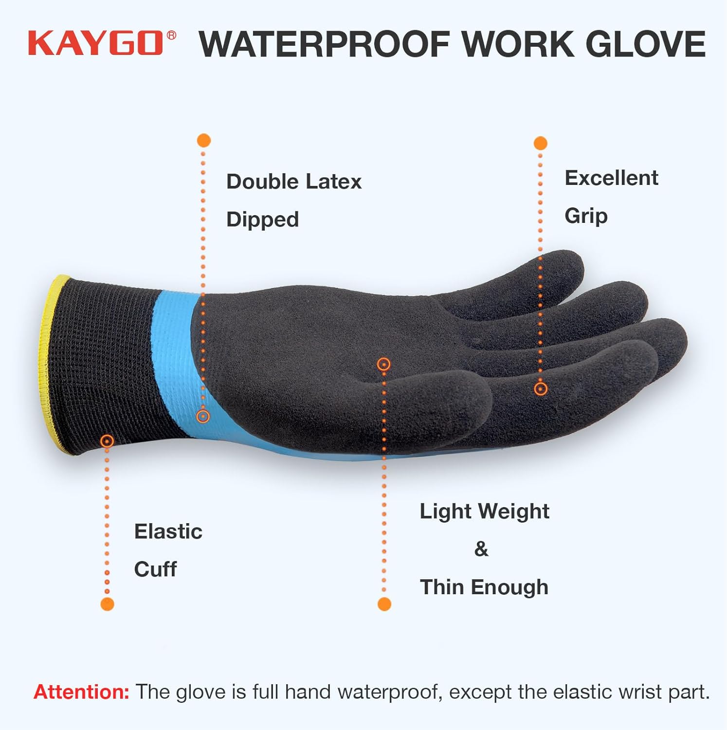 KAYGO Waterproof Work Gloves for Men and Women, Rubber Coated Non-slip Working Gloves for Garden, Outdoor Construction,KG150 （Sky Blue,L）