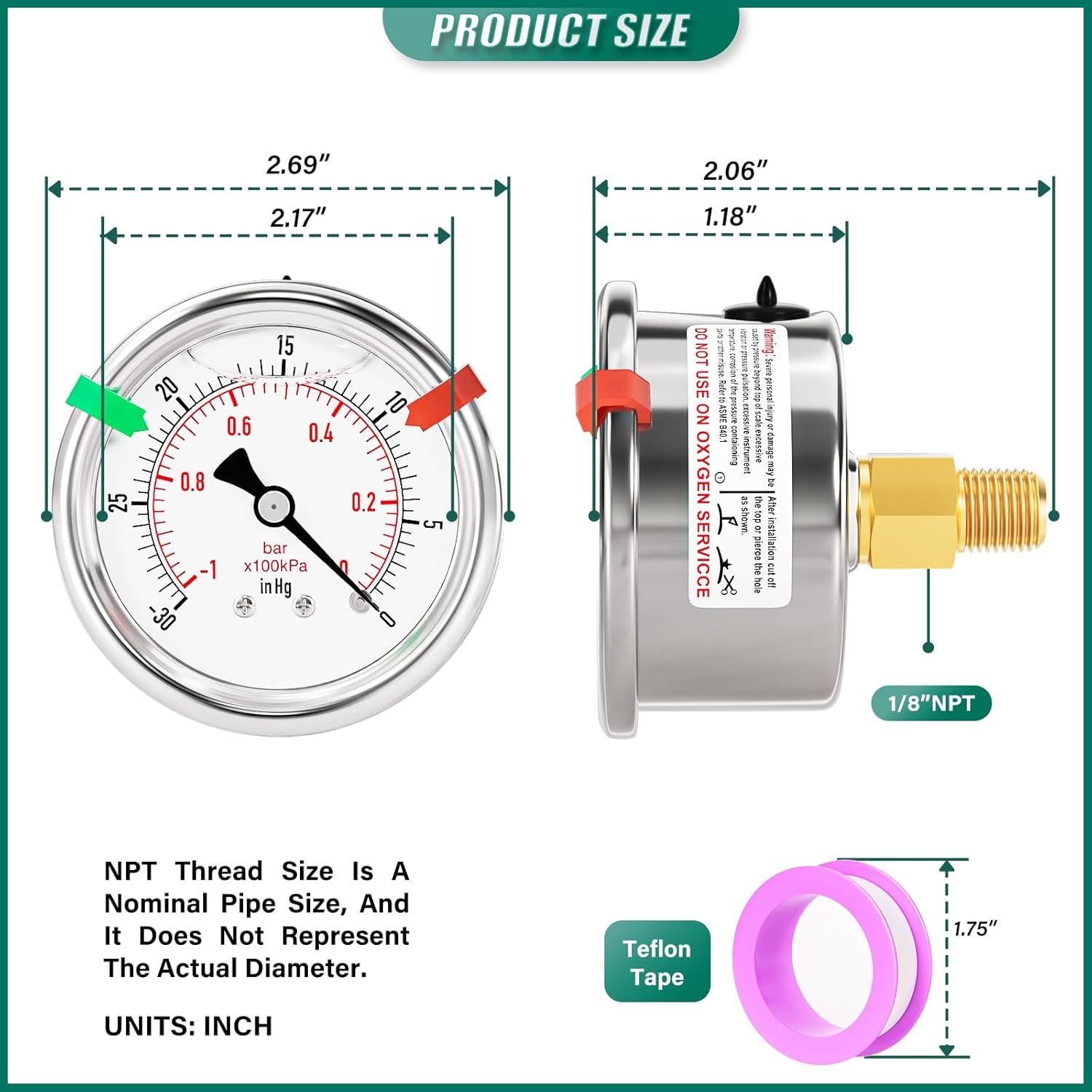 -30inHG-0PSI Stainless Steel Liquid Filled Pressure Gauge, 2.5" Dial Size, 1/8" NPT Back Mount, for Tube, Water Pump, Gas, Liquid, Pressure Test (with Range Mark Pointer)