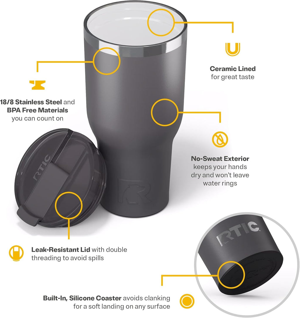 RTIC 40oz Essential Tumbler with Lid, Insulated, Stainless Steel, Metal, Double Wall Vacuum-Insulation, Ceramic Lined, Travel Cup for Iced Coffee, Tea, Hot and Cold Drink, Graphite