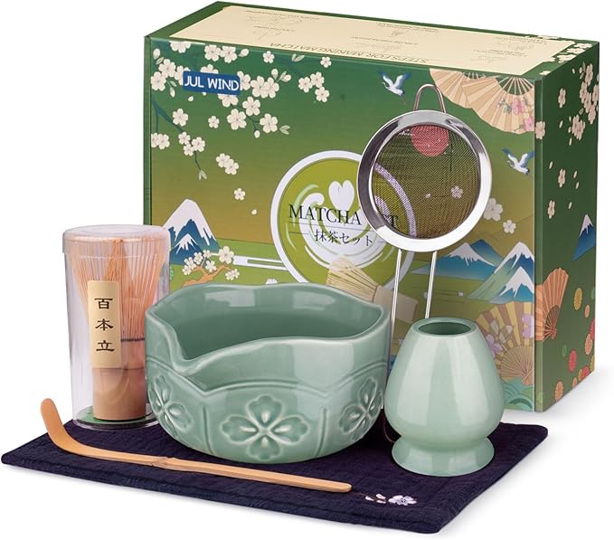 Matcha Whisk Set, Ceramic Matcha Bowl, Bamboo Whisk, Scoop, Sifter, Holder, Tea Towel - 6 Pcs Matcha Kit Gift for Matcha Lovers Beginners (Green)