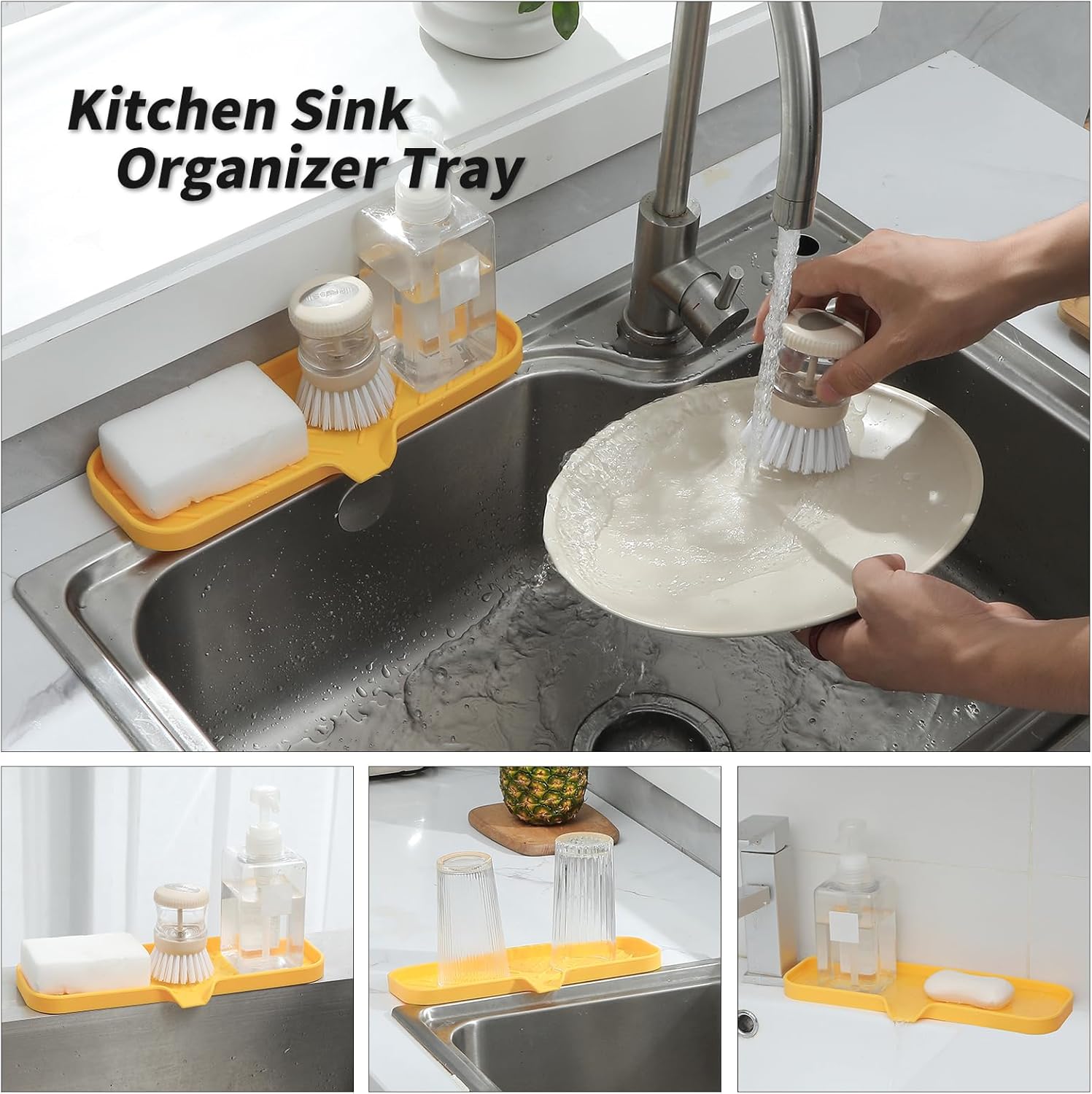 Silicone Bathroom Soap Dishes with Drain Spout-Bathroom and Kitchen Sink Organizer,Sponge Holder,Dish Soap Tray,Perfect for Dispenser,Scrubber,Bottle,Cup on Sink or Counter-Yellow 12"×4"