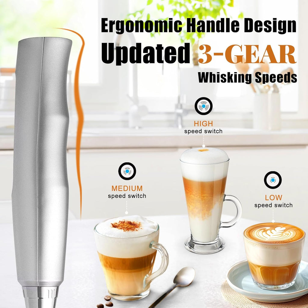 Nahida Silver Milk Frother Wand for Coffee, Frother Handheld Rechargeable Electric Whisk with 3 Heads 3 Speeds Drink Mixer Coffee Frother Foam Maker For Latte, Cappuccino, Hot Chocolate, Egg