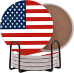 USA American Flag United States Round Coasters Set of 6 - Abosrbent Ceramic with Metal Stand for Drinks, Coffee, Non-Slip Cork Back for Tabletop Protection, 4 Inches (Old Glory)