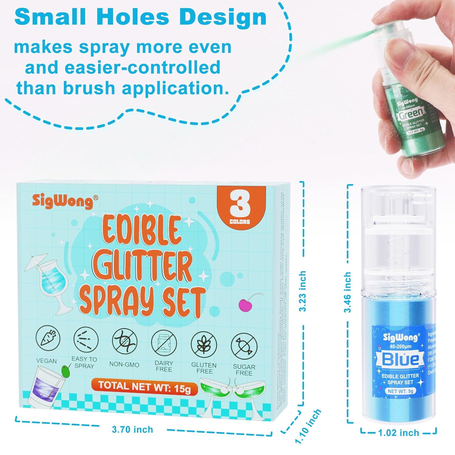 Edible Glitter Spray Set - 3 Color 100% Edible Glitter for Cakes, Cupcakes, Cake Pops, Drinks, Chocolate, Strawberries, Cookies, Food Grade Coloring Glitter, Blue, Purple, Green (5g/Bottle)