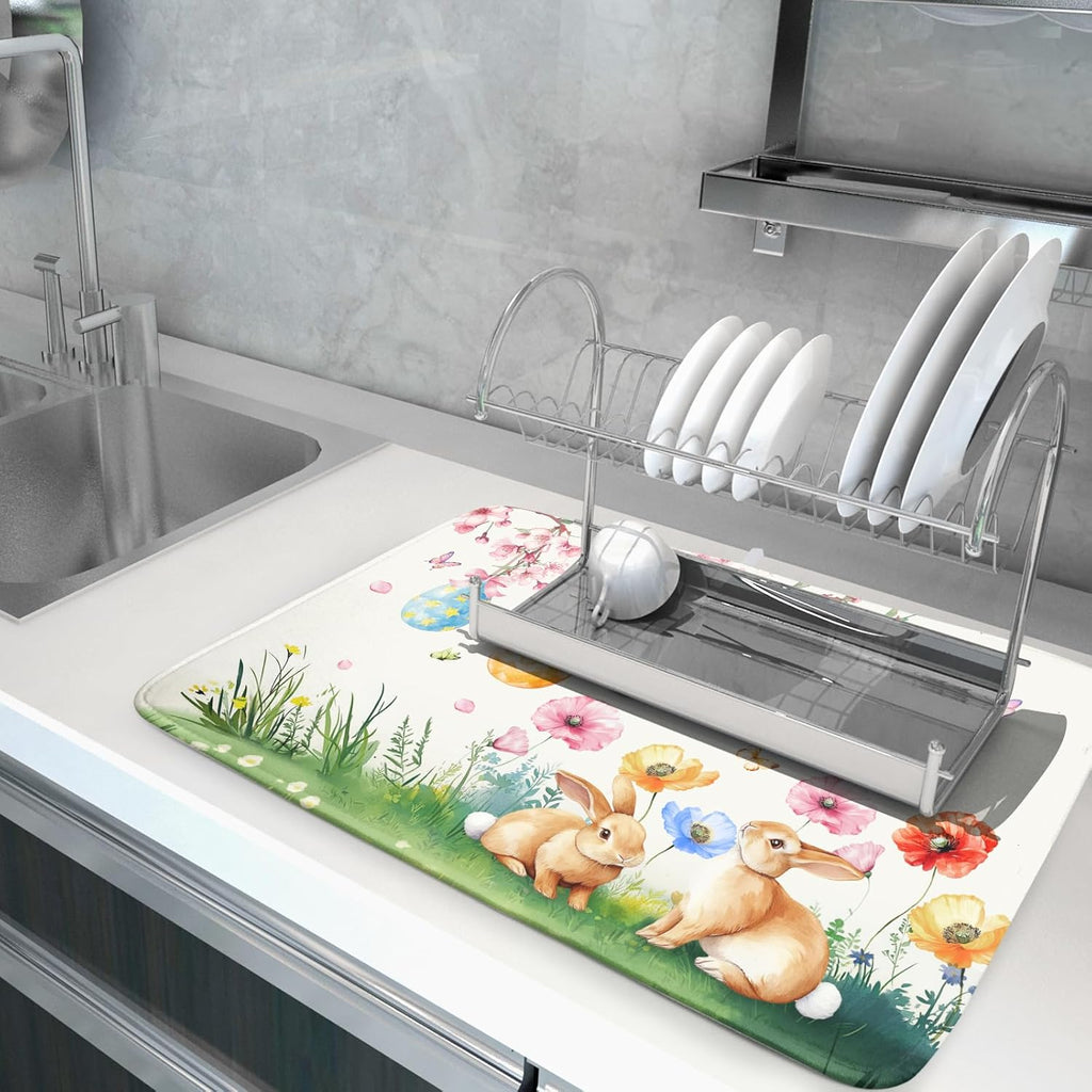 Giwawa Easter Bunny Dish Drying Mat, Spring Rabbits Eggs Hunt Dish Drainer Mats for Kitchen Countertop, Watercolor Floral Absorbent Reversible Dish Drying Pad Decor, 18x24inches, Large