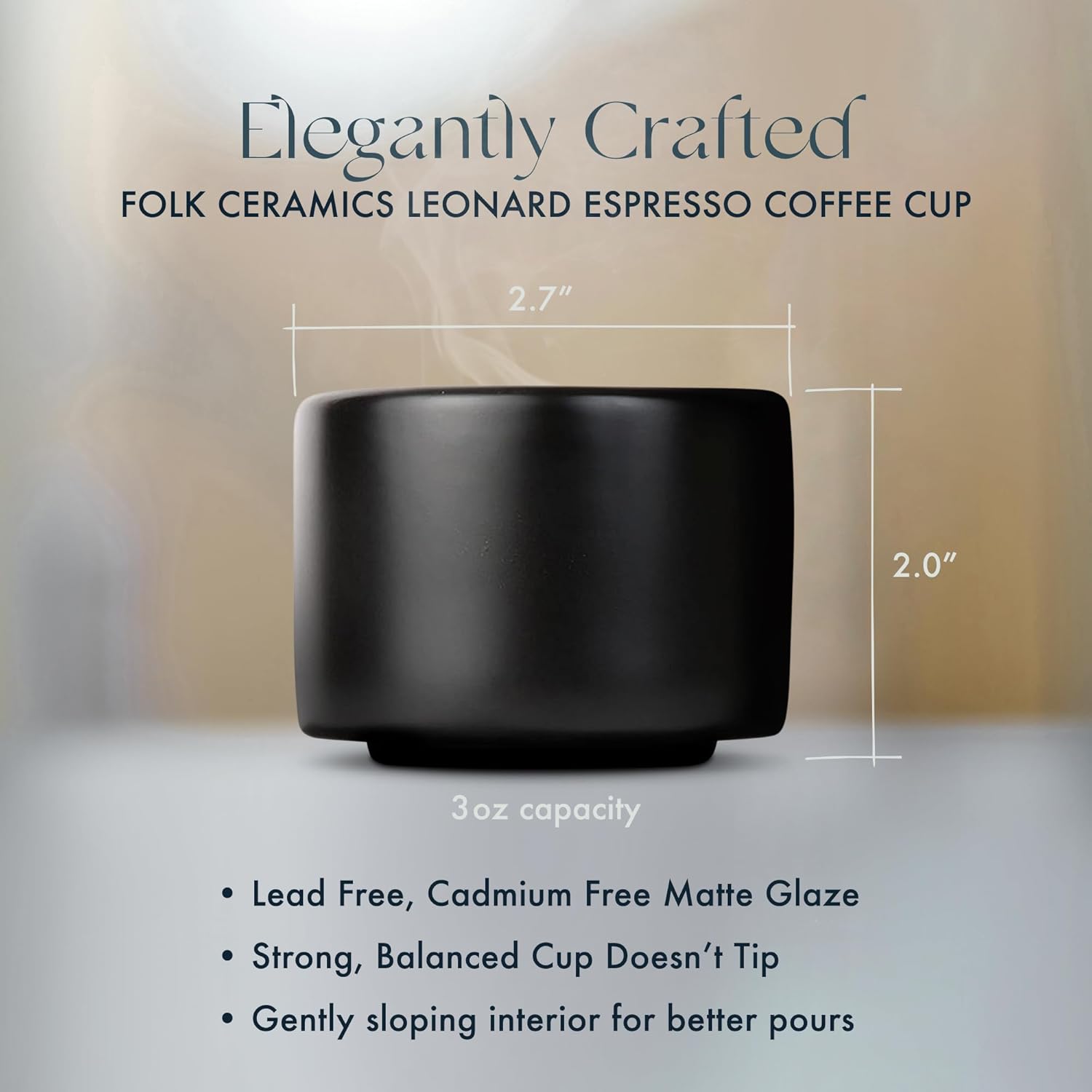 Folk Ceramics Leonard Ceramic Espresso Cups | Modern Stackable Demitasse Mugs for Espresso | Thick Walled, Handleless, Durable, Dishwasher & Microwave Safe | Set of 2, 3oz | Matte Black