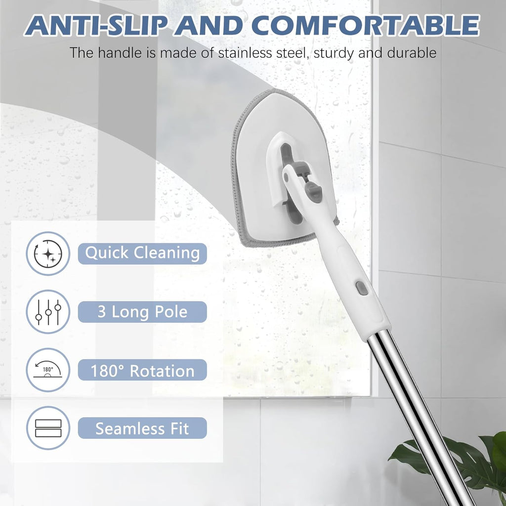 SetSail 4-in-1 Tile Tub Floor Scrubber with 52-inch Adjustable Long Handle Shower Cleaner Brush Comes with Window Scrubber and 3 Replacement Brush Heads for Cleaning Bathroom Kitchen Tub Tile, White