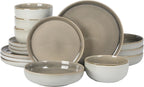 Gibson Elite Sunveil 16 Piece (Service for 4) Plates and Bowls Reactive Glaze Round Dishes Stoneware Ceramic Dinnerware Set -Taupe