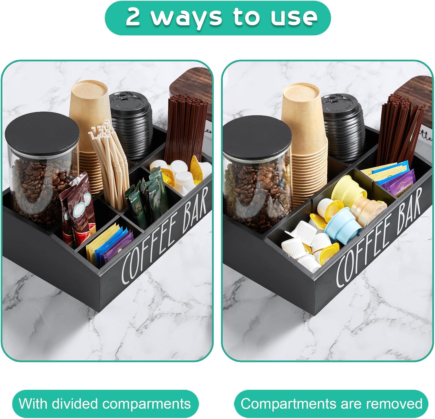 ALELION Coffee Station Organizer for Countertop - 7 Compartments Coffee Bar Accessories and Organizer with Removable Dividers - Black Coffee and Tea Condiment Organizer