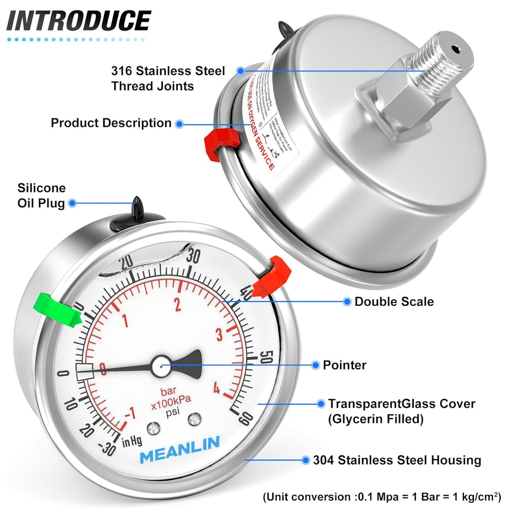 MEANLIN MEASURE -30inHG~60Psi Vacuum Pressure Gauge 316 Stainless Steel Joint 1/4"NPT 2.5"FACE DIAL, Liquid Filled Pressure Gauge WOG Water Oil Air Back Mount with Stainless Steel Hex Bushing, Snaps