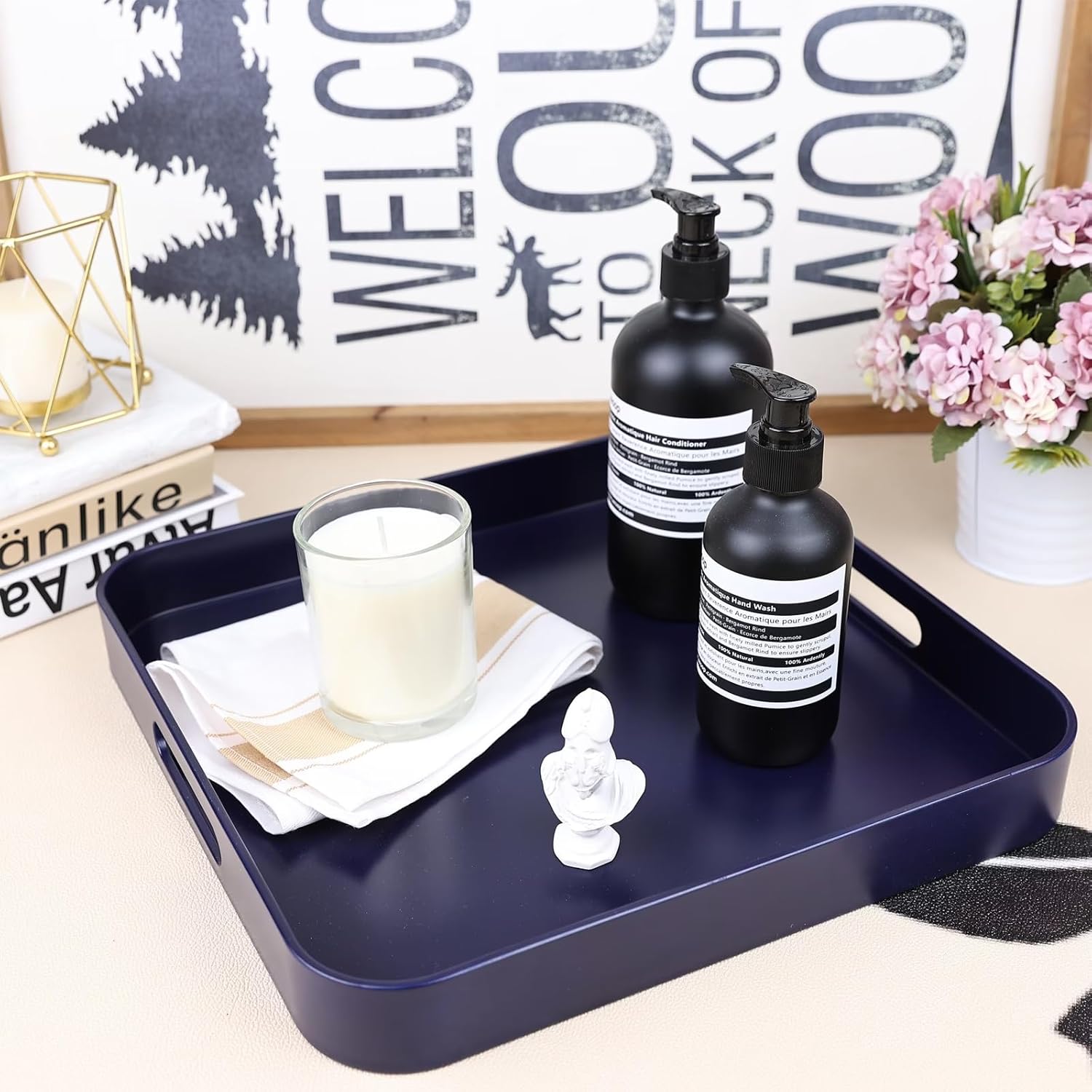 Square Navy Blue Decorative Serving Tray with Handles, Versatile Ottoman Tray for Coffee Table, Entertaining, Outdoor Patio, Living Room, 13”*13”*1.6”