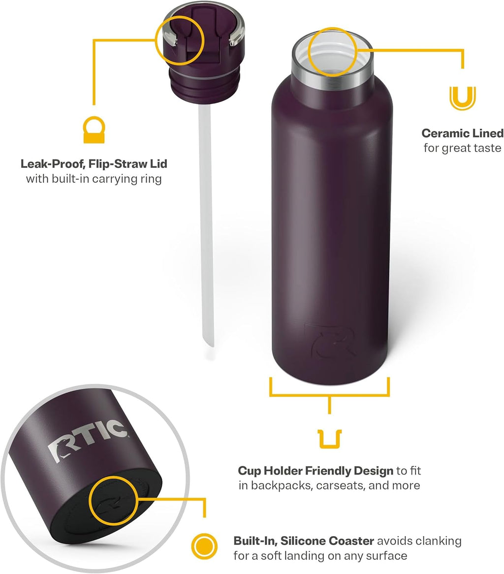 RTIC 20oz Journey Bottle Metal Stainless Steel Vacuum Insulated, BPA Free, Reusable, for Water, Hot and Cold Drinks, Travel, Sports, Camping, Plum