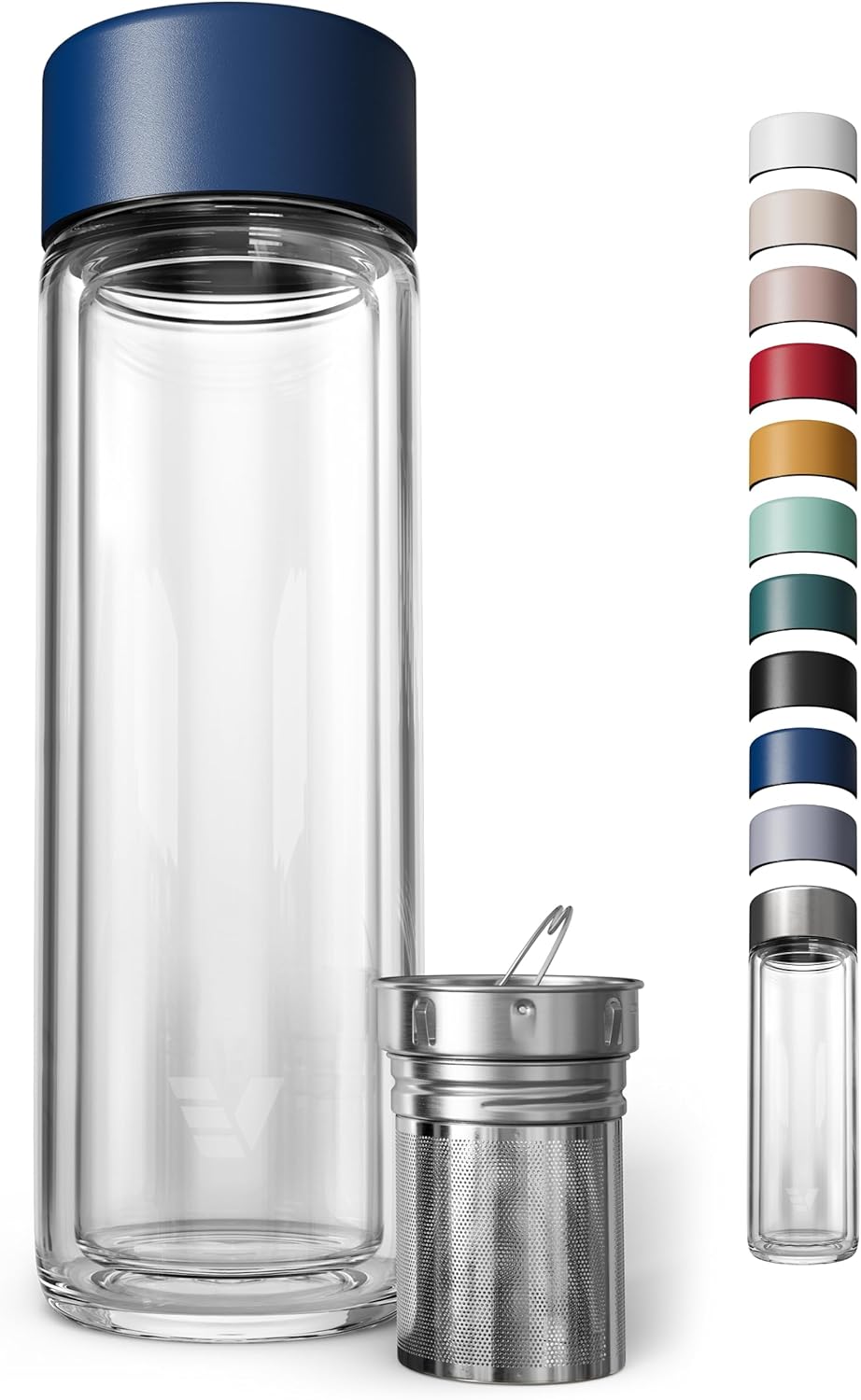 Glass Multi Tea Infuser Bottle 14oz - Double Wall Borosilicate Glass Flask | No Plastic Touches Contents | Perfect for Office or Home - Blue