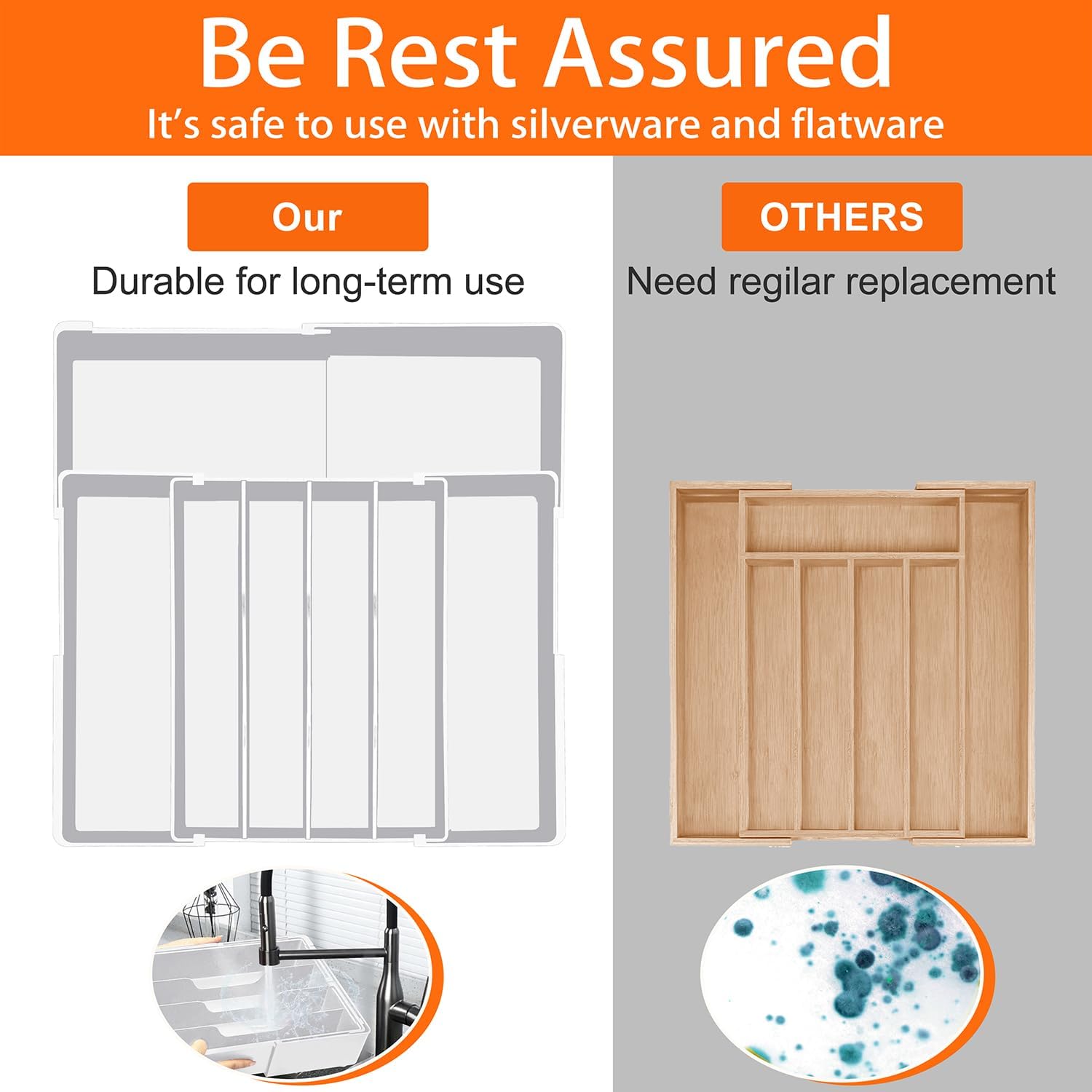 Silverware Organizer - Expandable Silverware Tray for Drawer, Adjustable Utensil Drawer Organizer for Forks, Knives, Kitchen Organizers and Storage, White