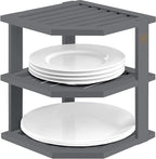 Cabinet Organizer Shelf - Bamboo Corner Rack for Kitchen Counter, Cabinet Space Saver for Plates, Dishes, Bowls, Bread Pantry, Bathroom Storage or Countertop Stand, Grey