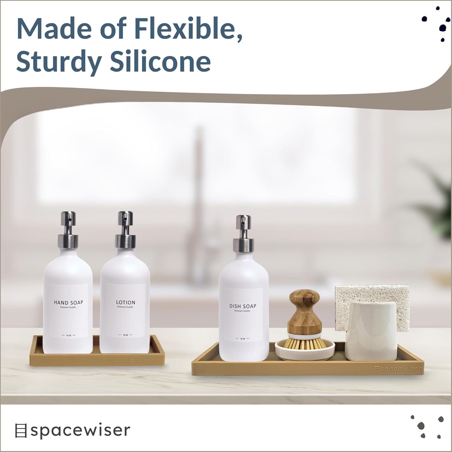 Countertop and Vanity Tray - 2 PC (11” and 7”) Shatterproof Silicone Kitchen and Bathroom Trays for Counter, Kitchen Soap Dispenser Tray, Vanity Trays for Bathroom, Perfume Key Tray