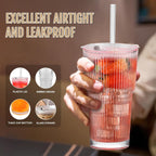 20oz Ribbed Glass Cups with Lids and Straws, Vintage Glass Tumbler with Straw, 2 Piece Iced Coffee Cups Set, Thicked Wall Drinking Glasses Ideal for Coffee, Smoothies, Juices Matchas