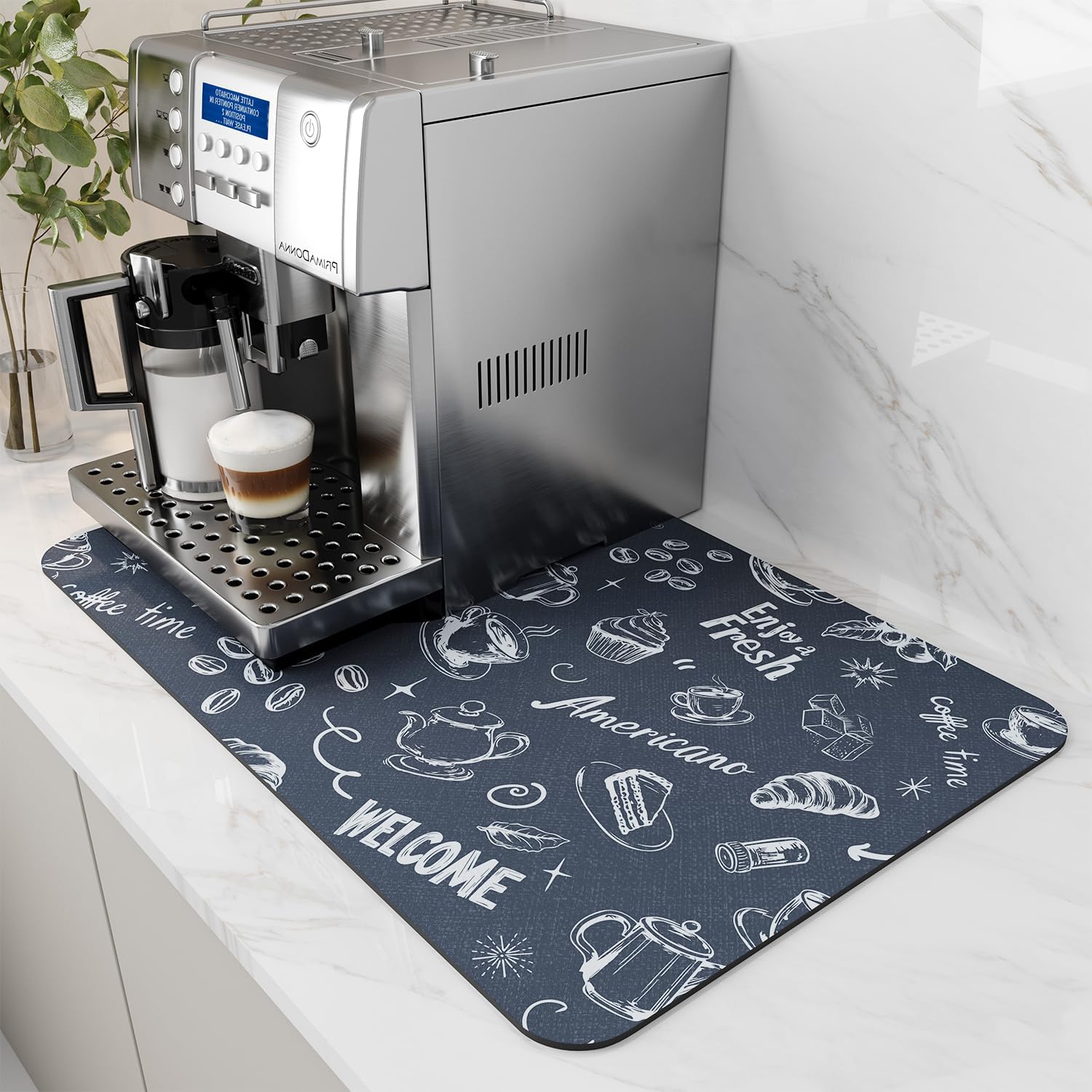 AMOAMI Coffee Mat - Hide Stain, Rubber Backed, Absorbent Dish Drying Mat for Kitchen Counter - Fits Under Coffee Maker & Machine - 16X24, Dust Blue