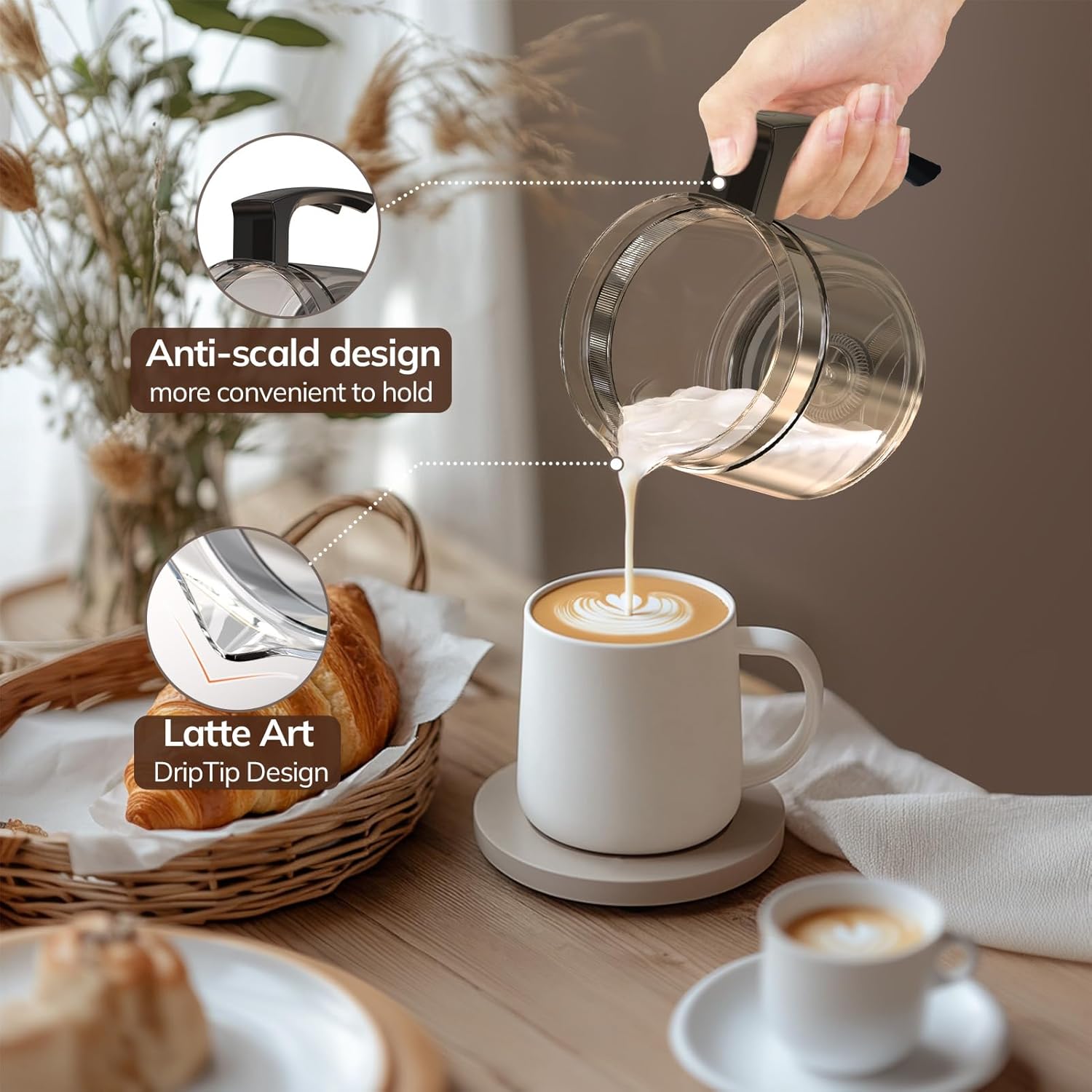 Electric Milk Frother and Steamer, 16.9oz/500ml Milk Steamer and Frother for Latte, Dishwasher Safe, BPA Free, 4 Functions, Enjoy Perfect Milk Froth in 2 Min - Black