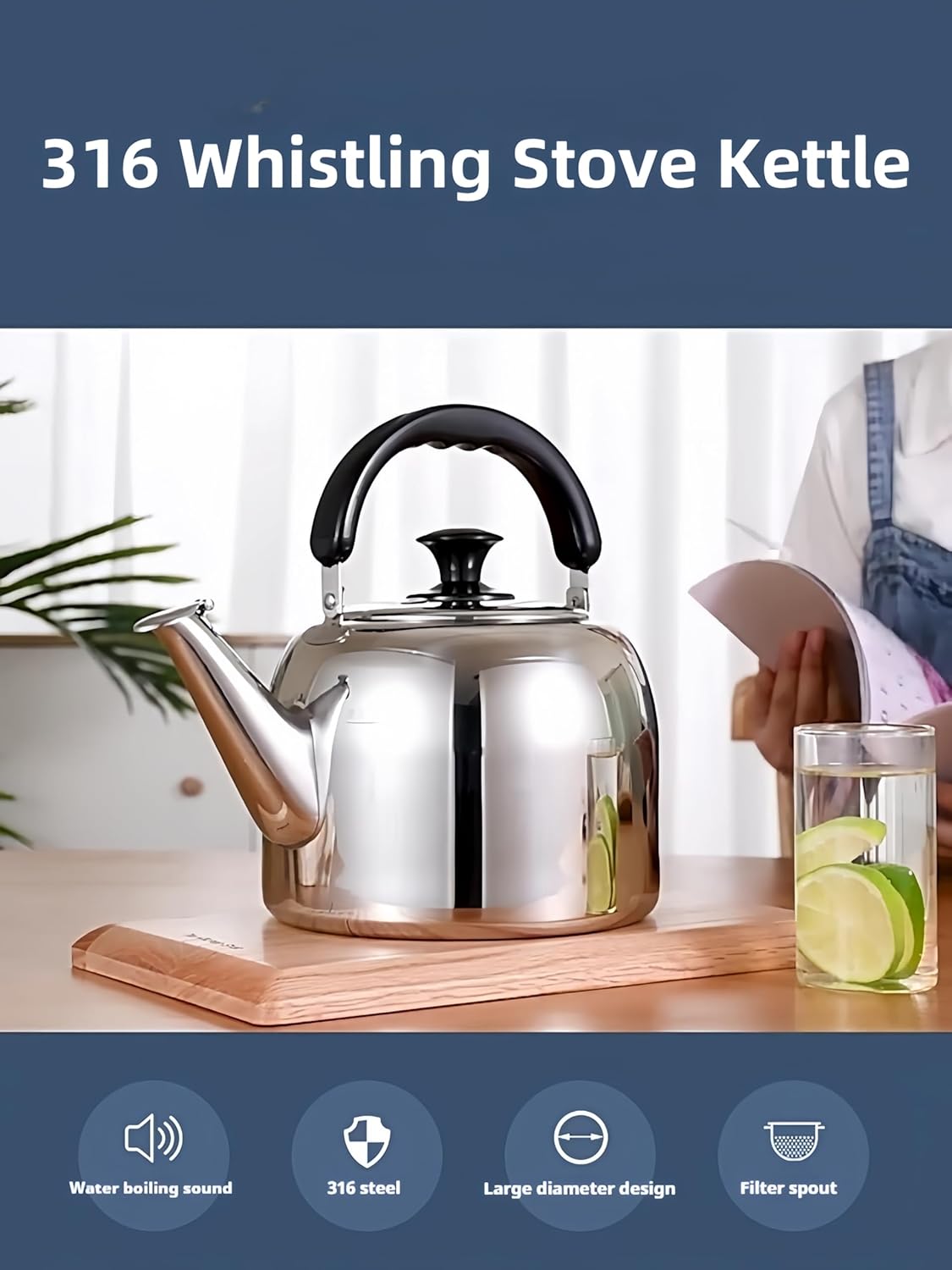 Whistling Stovetop Tea Kettle,Food Grade 316 Stainless Steel,Hot Water Fast to Boil,Stovetop Kettle with Ergonomic Handle,4.2 Quart Capacity