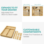Navaris Bamboo Kitchen Drawer Organiser - Cutlery Tray with Removable Divider for Customisable Drawers Storage - Expandable Trays for Utensils, Tools, Makeup, Stationery, 30 x 43cm