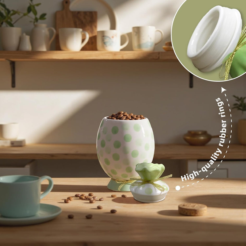 Cute Storage Jars with Airtight Lid, Funny Candy Shape Ceramic Food Container, Cookie Canister for Coffee Bean, Sugar, Tea, Spices, Cereal, Nuts, Dog Treat-700 ml / 23.7 ozz(Green Dots)