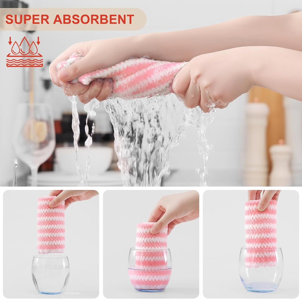 Homaxy Kitchen Towels(12 Pack, 10 x 20 inches), Ultra Soft and Absorbent Dish Towels, Reusable Fast Drying Microfiber Cleaning Cloth, Coral Velvet Wave Design No-lint, Pink