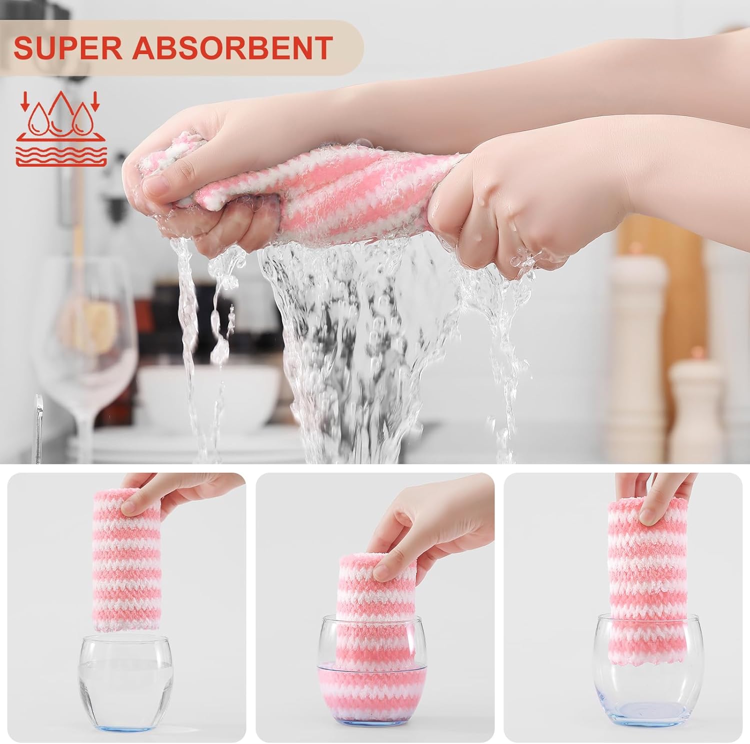 Homaxy 12 Pack Kitchen Dish Cloths, Ultra Soft and Absorbent Dish Towels, Reusable Fast Drying Microfiber Cleaning Cloth, Coral Velvet Wave Design No-lint, 10 x 10 inches, Blue/Pink/Grass Green