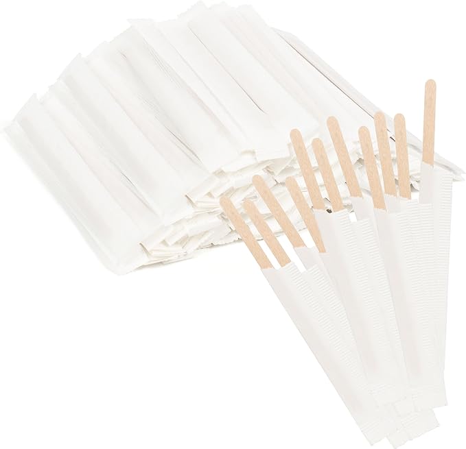 ANTETOK 100Pcs Wooden Coffee Stirrers Paper Wrapped 4.3Inch,Individually Wrapped Disposable Coffee Stir Sticks for Coffee,Tea,Cocktail and Hot Chocolate
