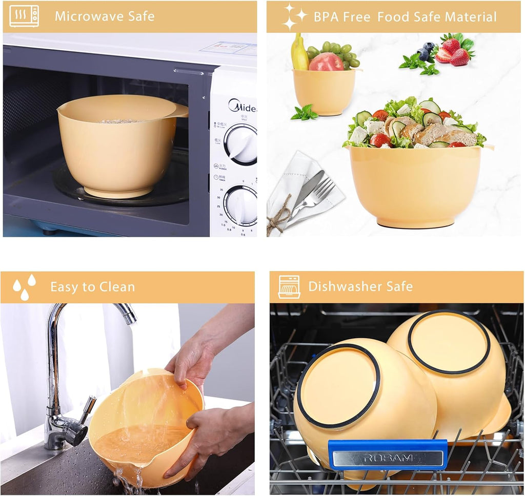 BoxedHome Nesting Plastic Mixing Bowl Set, 4 Piece Mixing Bowl Set with Pour Spouts, Size 1.7, 2.5, 3.5 and 4.5qt, for Prepping, Mixing, Baking, Cooking, Maize