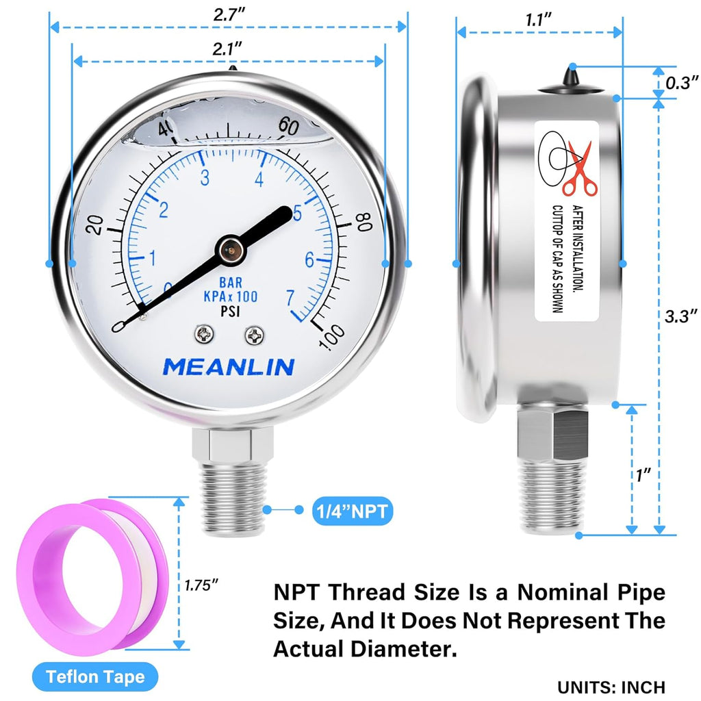 MEANLIN MEASURE 0~100Psi Liquid Filled Pressure Gauge Stainless Steel with 316 Stainless Steel Joint 1/4" NPT 2.5" FACE DIAL for Well Pump Tire Water Pressure Tester Lower Mount