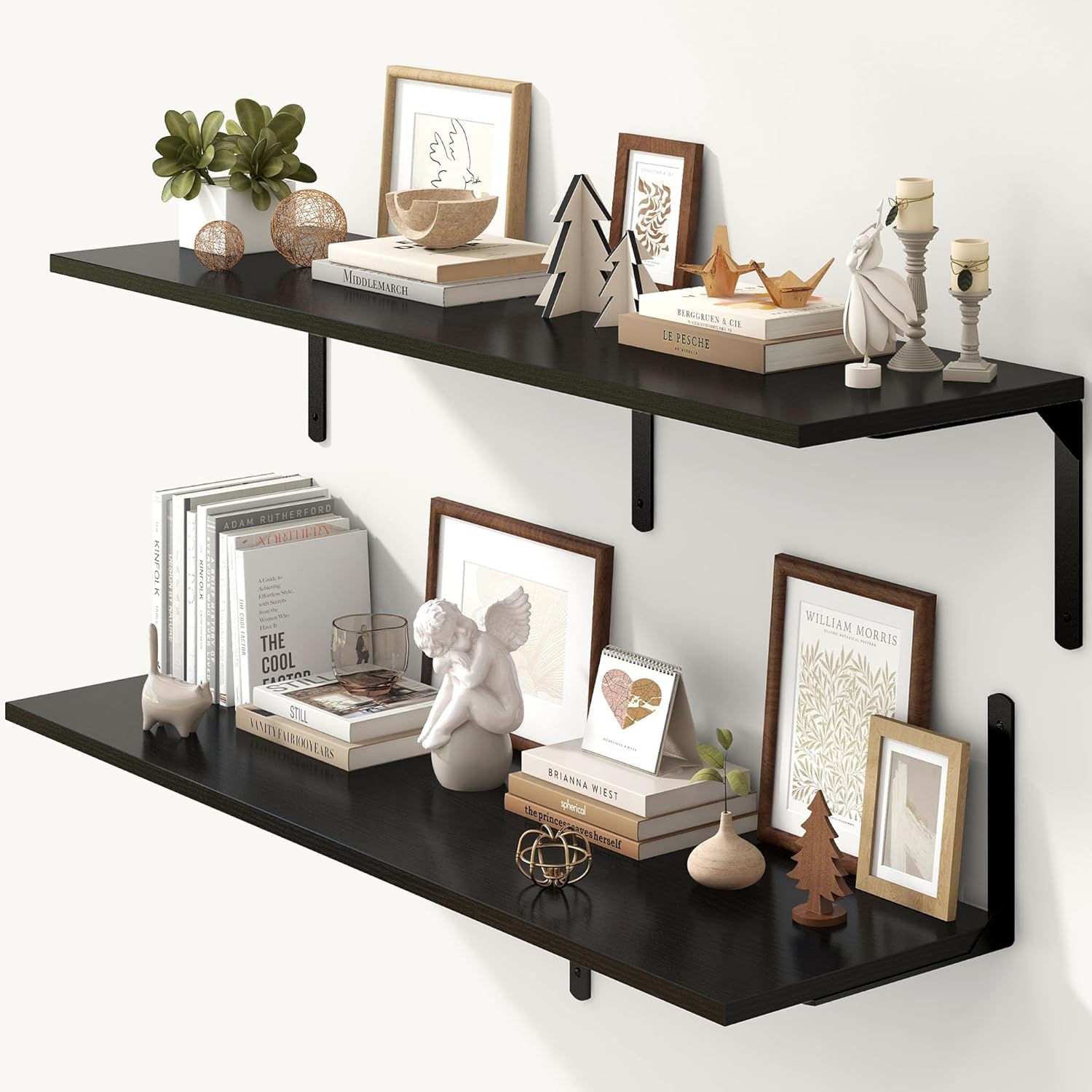 Fun Memories Floating Shelves for Wall, 12 Inch Deep Floating Shelves Set of 2, Wall Mounted Shelf with Metal Brackets, Rustic Wood Wide Shelf for Bathroom, Kitchen and Living Room, Black, 48W x 12D