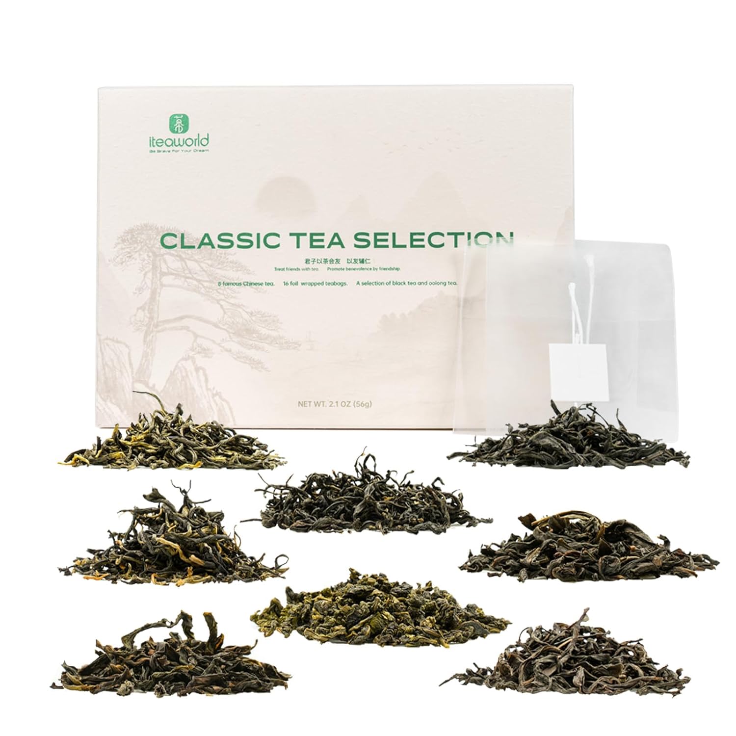 iTeaworld 8 Flavors Sampler Set, Up to 112 cups, High to Low Caffeine, Whole leaves, Loose Leaf Classic Chinese tea, Including Oolong and Black Teas, 16 Sample Bags with 20 Empty Tea Bag, 2.1OZ