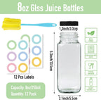 12 pack 8 oz Glass Juice Bottles with Lids, Reusable Glass Water Bottles, 250 ml Juice Containers Drinking Jars with Brush, Drink Jars for Milk, Juicing, Kombucha, Ginger
