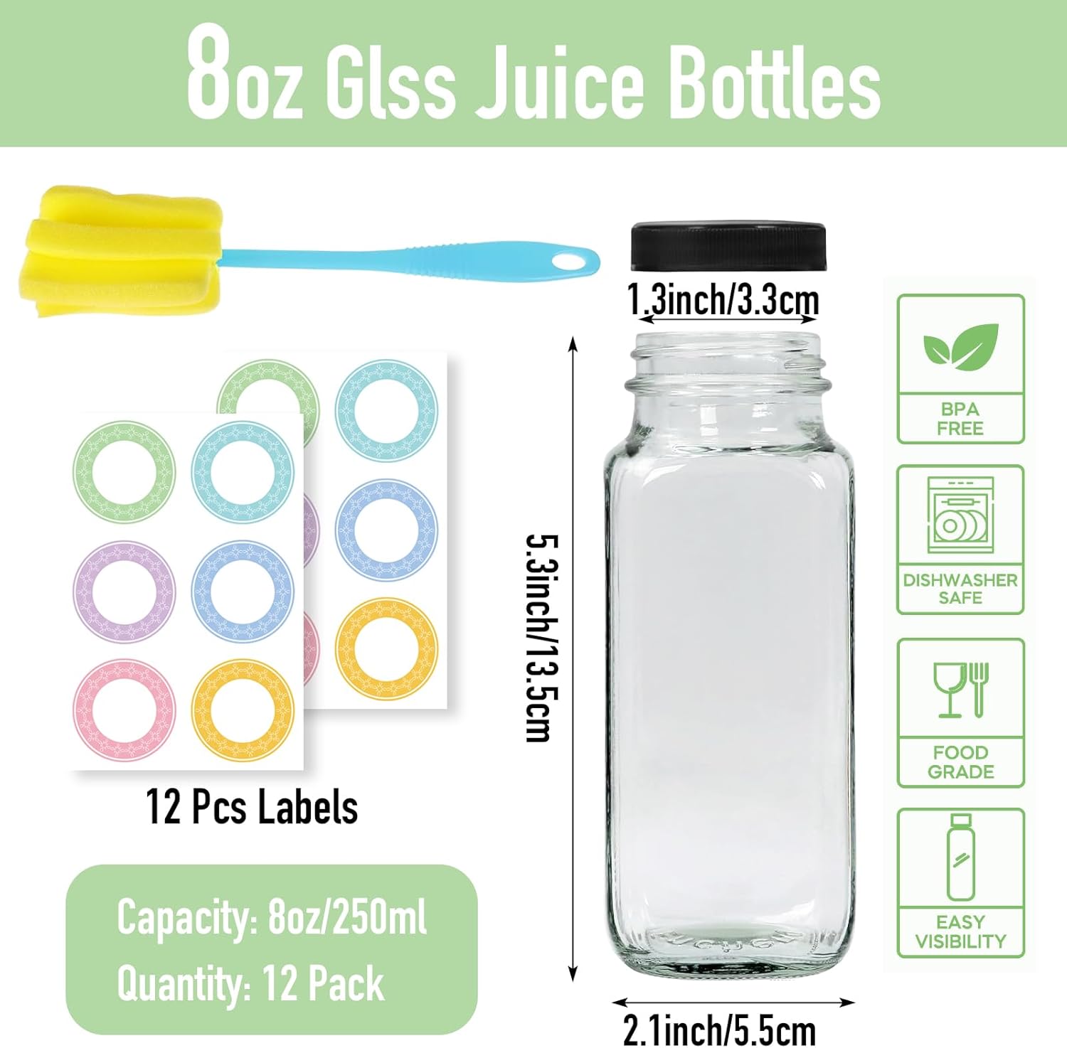 12 pack 8 oz Glass Juice Bottles with Lids, Reusable Glass Water Bottles, 250 ml Juice Containers Drinking Jars with Brush, Drink Jars for Milk, Juicing, Kombucha, Ginger