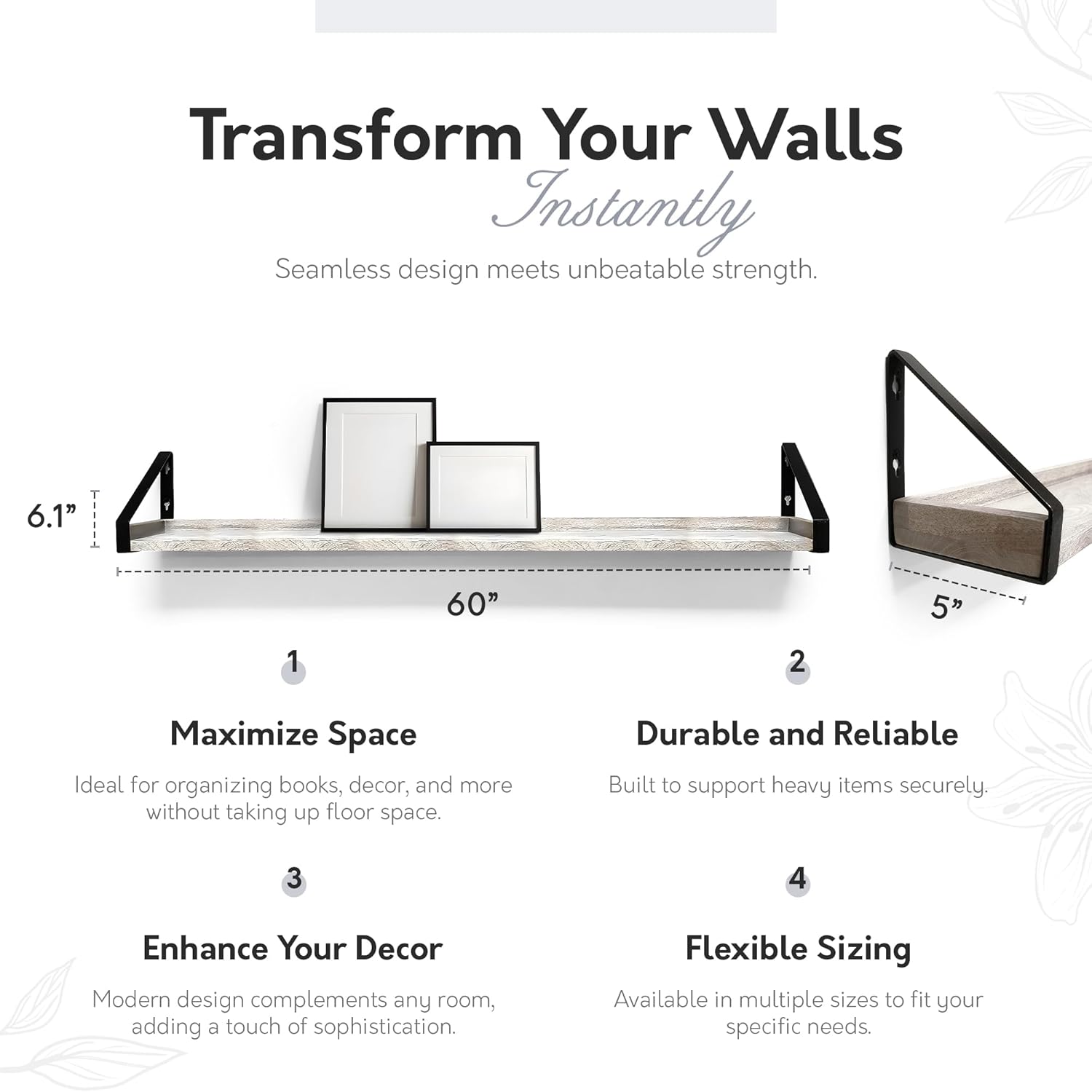 InPlace Shelving, Wall Mounted Real Solid Wood Rustic Bracket Ledge, 5" D x 60" W x 6.1"H, Distressed White, 9602101E