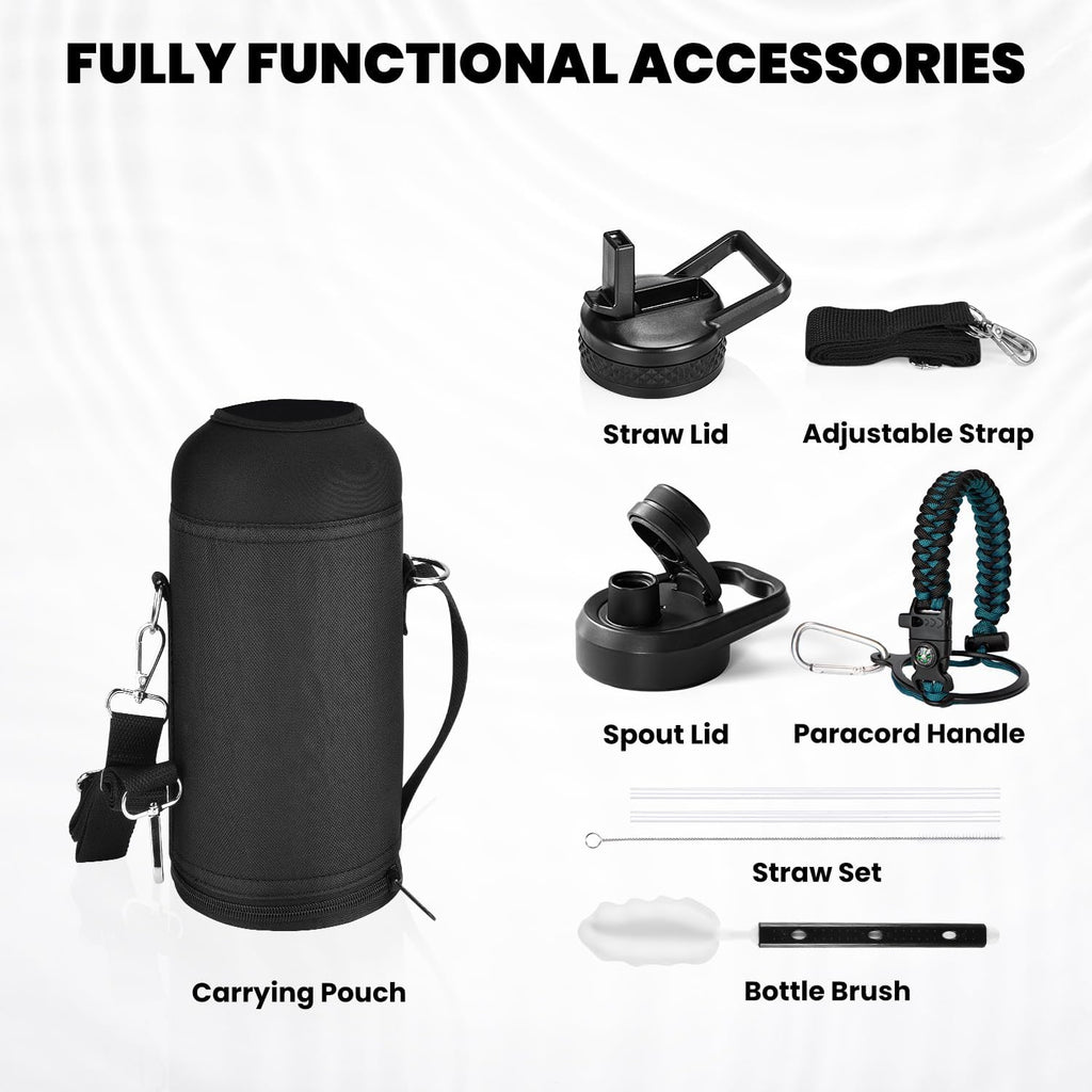 Insulated Water Bottle 32 oz, Triple Wall Vacuum Stainless Steel (Cold for 48 Hrs, Hot for 24Hrs), Leak Proof & Non-BPA, 32oz Hydro Water Flask with Paracord Handle & Straw Spout Lids