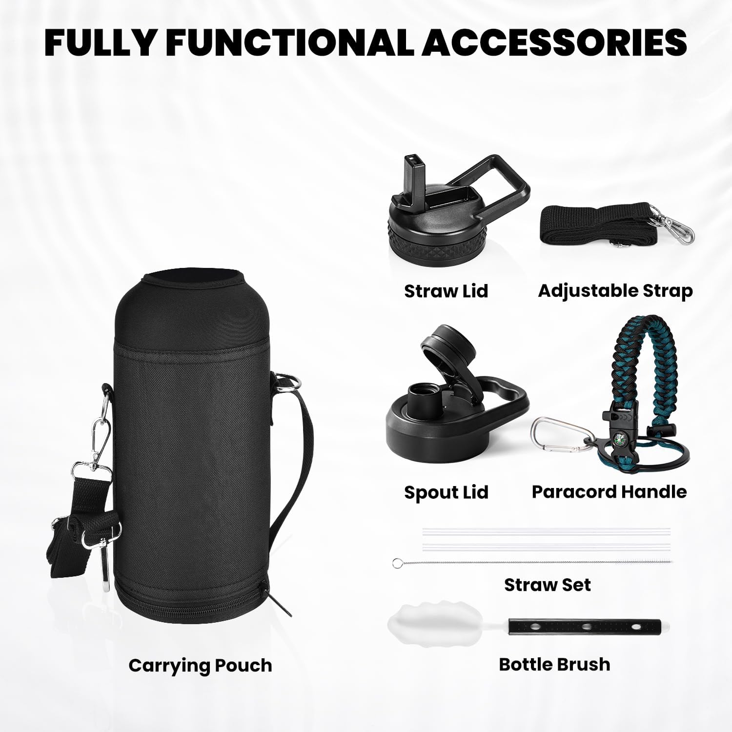 Insulated Water Bottle 32 oz, Triple Wall Vacuum Stainless Steel (Cold for 48 Hrs, Hot for 24Hrs), Leak Proof & Non-BPA, 32oz Hydro Water Flask with Paracord Handle & Straw Spout Lids