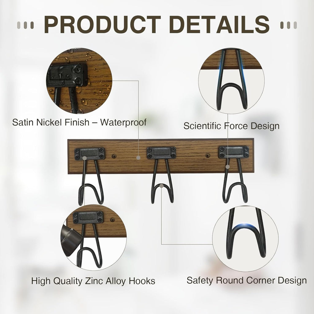 16" Wall Mounted Heavy Duty Label Hook Rack with 3 Hooks, for Hanging Coat, Hat, Jacket or Towel, Fit for Entryway, Hallway, Bedroom, Bathroom, Walk-in Closet and More - Brown/Black