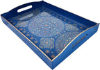 Boho Blue Decorative Tray, Serving Tray with Handles, Plastic Tray for Coffee Table, Ottoman - Ideal for Living Room & Bathroom. 15” x 11” x 2.5”