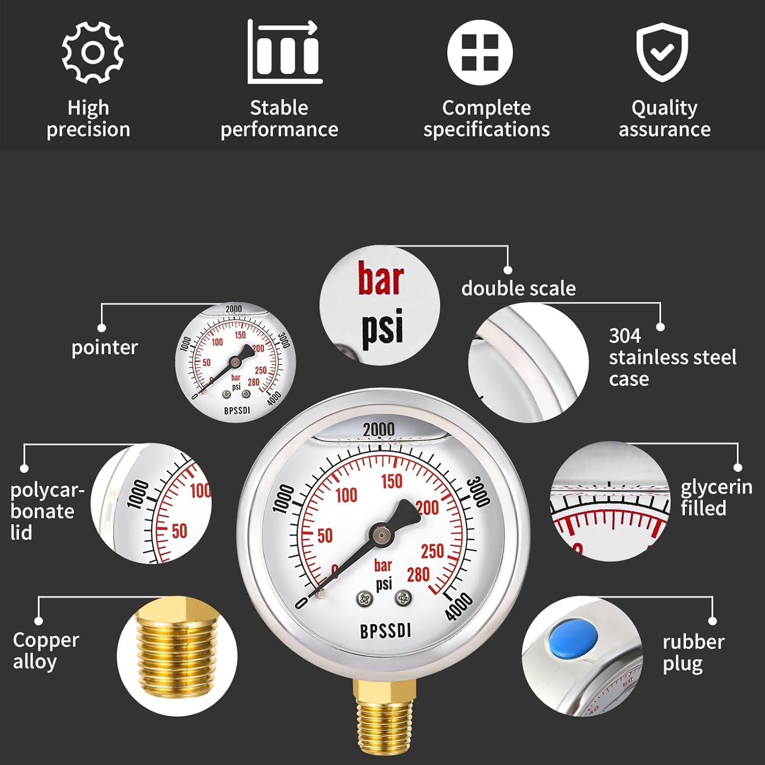0-4000 Psi Glycerin Liquid Filled Hydraulic High Pressure Gauge, 2.5" Dial Size, 1/4" NPT Lower Mount, 304 Stainless Steel Case, for Water Oil Air Gas Pressure Test