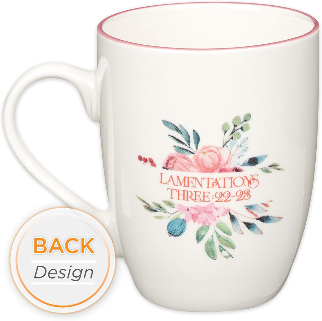 Christian Art Gifts Inspirational Ceramic Coffee & Tea Mug for Women: Mercies are New Every Morning Encouraging Bible Verse, Microwave & Dishwasher Safe Novelty Drinkware, White & Pink Floral 12 oz.