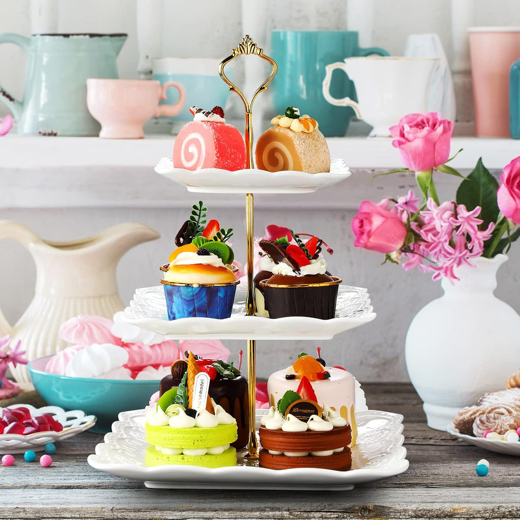 Tatuo 2 Pcs 3 Tier Porcelain Cupcake Stand, Cup Cake Holder Tower, Pastry Serving Elegant Dessert White Ceramic Tiered Stand for Wedding, Birthday, Tea Party(Lace Square Shape)