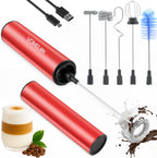 Rechargeable Milk Frother Handheld Electric Frother Wand Milk Foamer Drink Mixer for Coffee, Lattes, Cappuccino, and Egg, Stainless Steel for Travel-Rube Red
