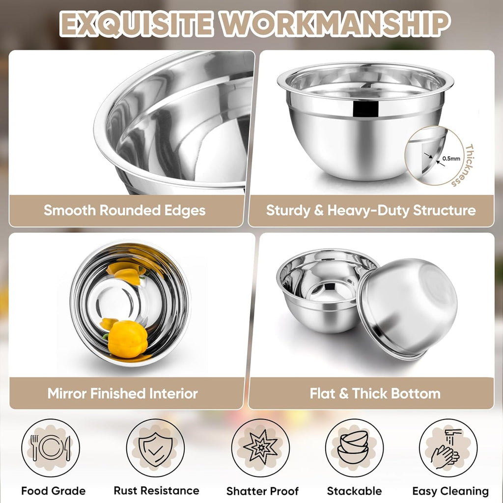 TeamFar Mixing Bowls, 4.5/3/1.5/1/0.7 QT, Stainless Steel Metal Nesting Salad Bowl with Lid Set, Ideal for Mixing Serving, Non-Toxic & Sturdy, Airtight Lid & Easy Clean, Red-Set of 5