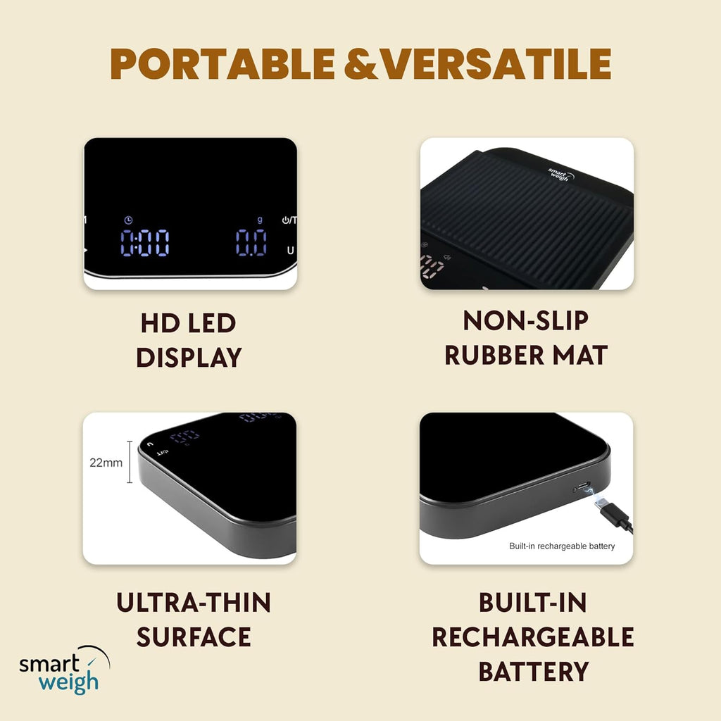 Smart Weigh Coffee Scale 3000g x 0.1g High Precision Sensors Accurate Scale for Espresso Pour-Over Coffee Digital Kitchen Food Scale for Baking Portable Kitchen Scale with LED Display