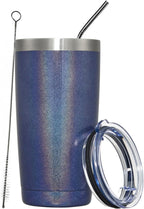 MEWAY 20oz Tumbler Double Wall Vacuum Insulated Travel Glitter Mug,Stainless Steel Tumblers with Lid and Straw, Powder Coated Coffee Cups for Woman (Rainbow Navy,1)