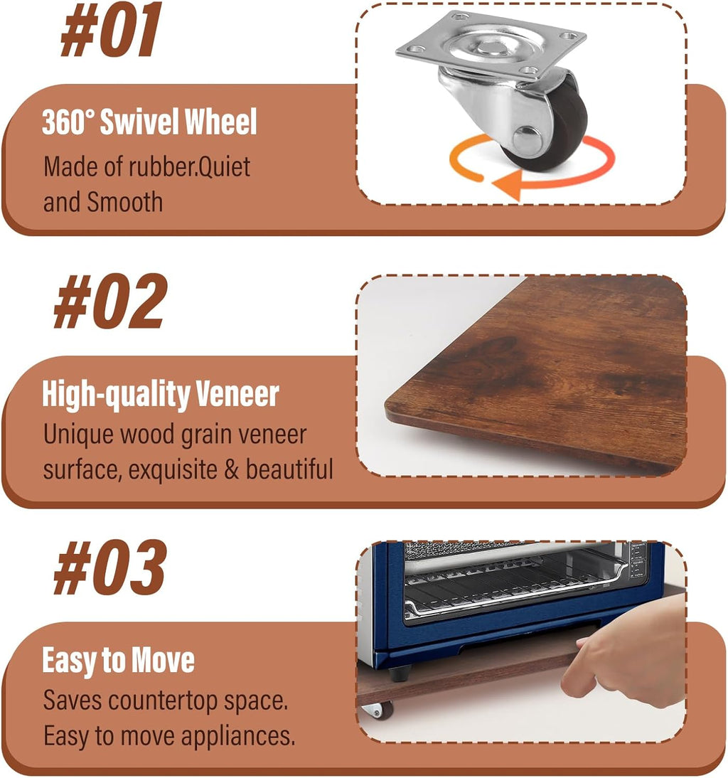 360° Appliance Slider Sliding Tray, Coffee Maker Rolling Tray for Counter Under Cabinet Coffee Pot Mat for Espresso Machine, Toaster, Air Fryer, Quiet Wheels, Brown (Large 15.7"×13")