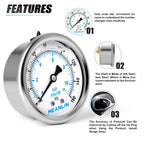 MEANLIN MEASURE 0~160Psi Stainless Steel 1/4" NPT 2.5" FACE DIAL Liquid Filled Pressure Gauge WOG Water Oil Air Center Back Mount, with 1/4" x 1/2" NPT and 1/4" x 3/8" NPT Hex Bushing